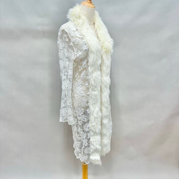 Vintage Y2k Moda International White Lace Duster Faux Fur Trim Sz XS Penny Lane - Picture 10 of 15